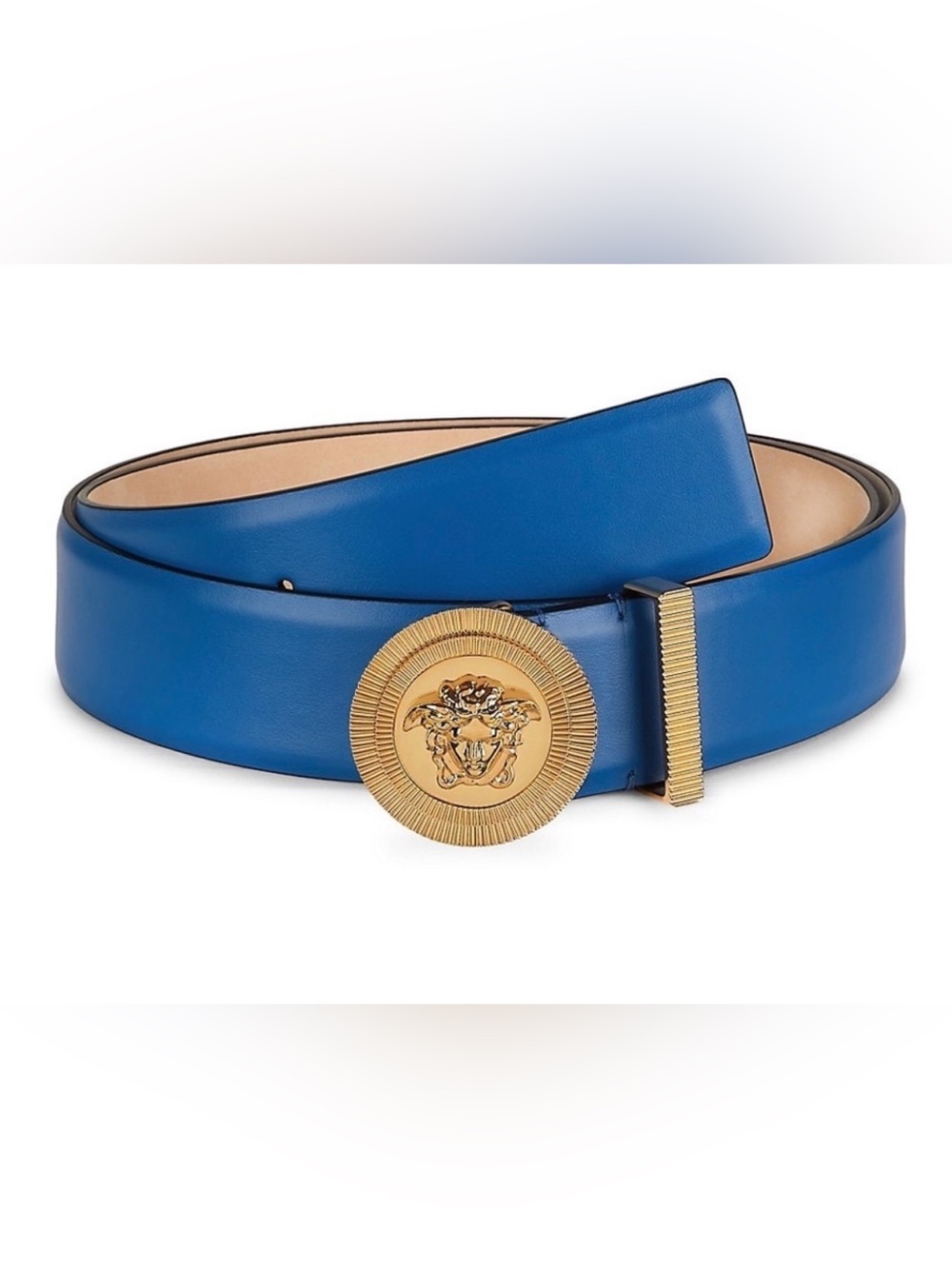 Authentic Versace Royal Blue Leather Belt with Gold Medusa Buckle.With dusty,COA